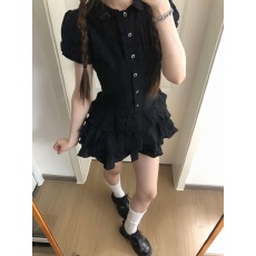 批发学院风泡泡袖黑色衬衫<b class='q'>连衣</b>裙女夏季辣妹小个子穿搭收腰a字短裙子