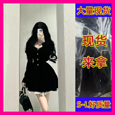 赫本风高级感丝绒小黑裙女秋冬季法式在逃公主收腰气质蓬蓬连衣裙