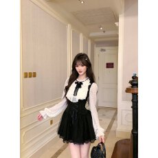 批发越韩小鱼Musefish 古典玩偶 法式收腰波点假两件千金风连衣裙女秋