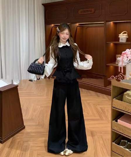 가을 학원 스타일 흑인과 백인 배색 베이비 칼라 맨위 하이웨이스트 슬림해 보이는 와이드 레그 팬츠