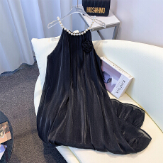 批发实拍大码女装百搭2026夏季新款贵气珠光纱珍珠项链吊带<b class='q'>连衣裙</b>