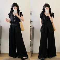 批发实拍2026新款胖妹妹黑色薄纱拼接V领马甲+阔腿裤轻熟风两件套