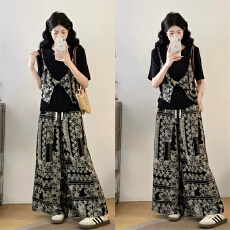 批发实拍2026<b class='q'>夏</b>胖妹妹新款独特小众吊带假两件T恤+印花阔腿裤两件套