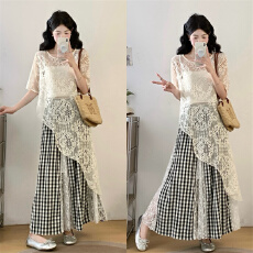 批发实拍2026<b class='q'>夏</b>胖妹妹新款不规则上衣+法式蕾丝拼接格子半身裙两件套