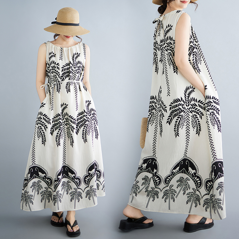 실사 여름 빅 사이즈 새로운 나뭇잎 프린트 여성 드레스 허리 수축 해변가 휴가 바람 품격 길다 치마 대외 무역
