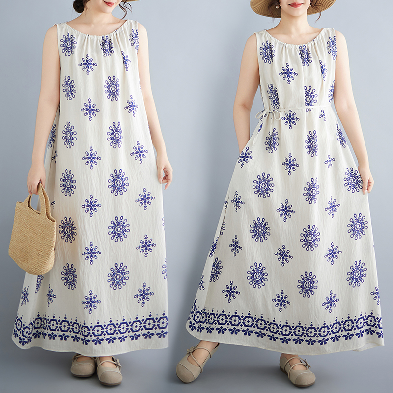 실사 2026 여름 디자인 센스 루즈핏 민족 스타일 프린트 여성 드레스 품격 여행 휴가 바람 롱 스커트