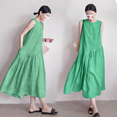 批发棉麻连衣裙夏季新款文艺范大码宽松<b class='q'>甜美</b>休闲透气无袖纯色中长裙