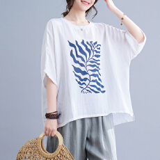 批发实拍 夏季大码女圆领棉麻复古上衣印花宽松短袖