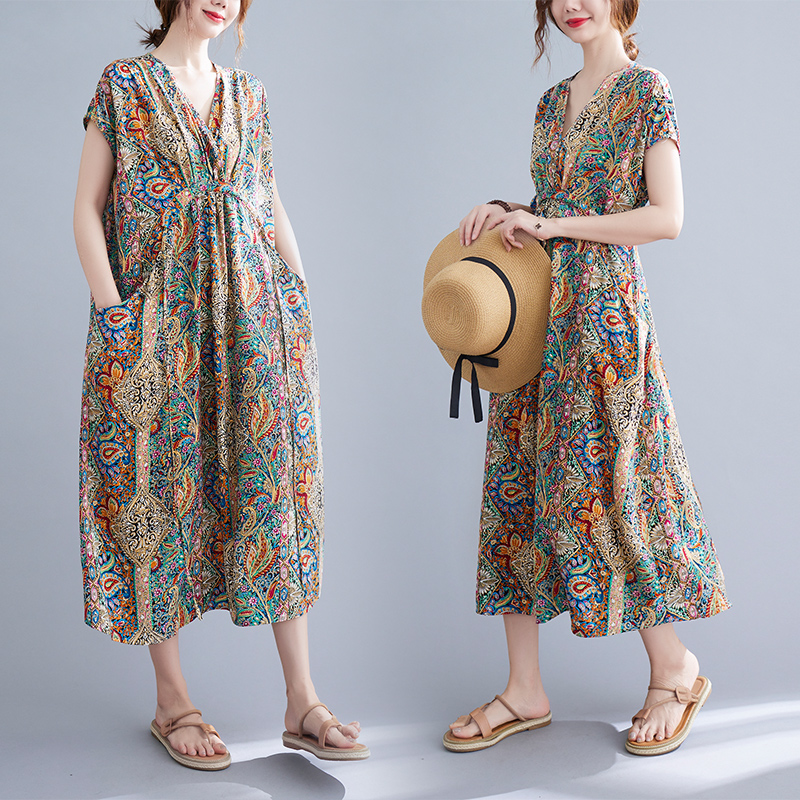 실사 여름 새로운 보헤미안 드레스 벨트 루즈핏 롱 스커트 로브 빅 사이즈 슬림해 보이는 휴가 치마