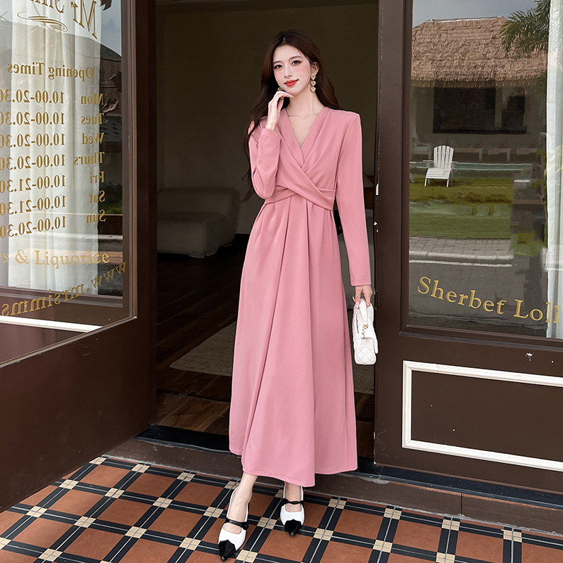 MY13864# 女裝貨源新款时尚v领显瘦长裙收腰连衣裙女裝貨源服裝批發服...