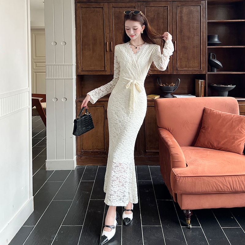 MY15023# 时尚蕾丝长裙V领连衣裙女裝貨源服裝批發