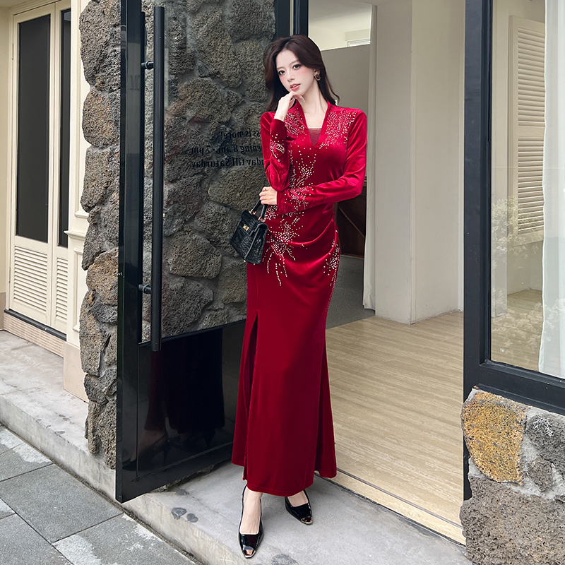 MY16219# 时尚v领烫钻长裙包臀连衣裙女裝貨源服裝批發