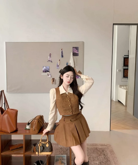 인터넷 유명인 새로운 2026 가을 패션 품격 셔츠 재킷 미니 스커트 세트 3종 세트