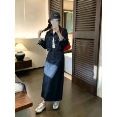 批发网红新款2026秋季时尚气质<b class='q'>牛仔</b>单排扣上衣<b class='q'>长裙</b>套装两件套
