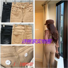 批发ACHI大也池咖色高腰加绒小脚<b class='q'>牛仔</b>裤<b class='q'>女</b>弹力修身显瘦长裤提臀铅笔裤