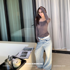 批发SUNONEONE 低腰设计感直筒铆钉饰边<b class='q'>牛仔裤</b>女春宽松小个子休闲裤子