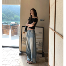 批发Cactishop音乐节 水洗蓝天丝阔腿<b class='q'>牛仔裤</b>女夏休闲宽松直筒显瘦长裤