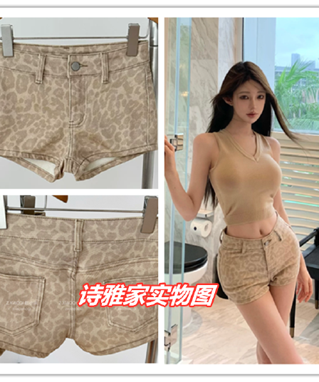 cher 챠오어 천년기 girl 청바지 여성 여름 핫걸 레오파드 무늬 슬림해 보이는 중간 허리 리프트 엉덩이 데님 반바지