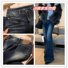 批发SUNONEONE 吉赛尔同款磨白猫须微喇牛仔<b class='q'>裤</b>女秋冬修身<b class='q'>显瘦</b>休闲<b class='q'>裤</b>子