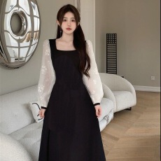 批发大码胖mm假两件拼接长袖连衣裙女春<b class='q'>秋</b>法式复古收腰显瘦a字短裙子