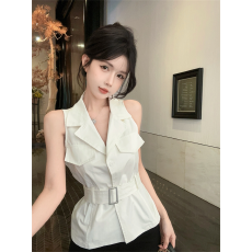 批发实拍夏季慵懒风POLO领拼接修身坎肩马夹小清新洋气收腰休闲衬衣