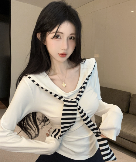 실사 봄 가을 해군 칼라 경기 넥타이 품격 몸매 가꾸기 티셔츠 학원 스타일 핫걸 투피스 세트