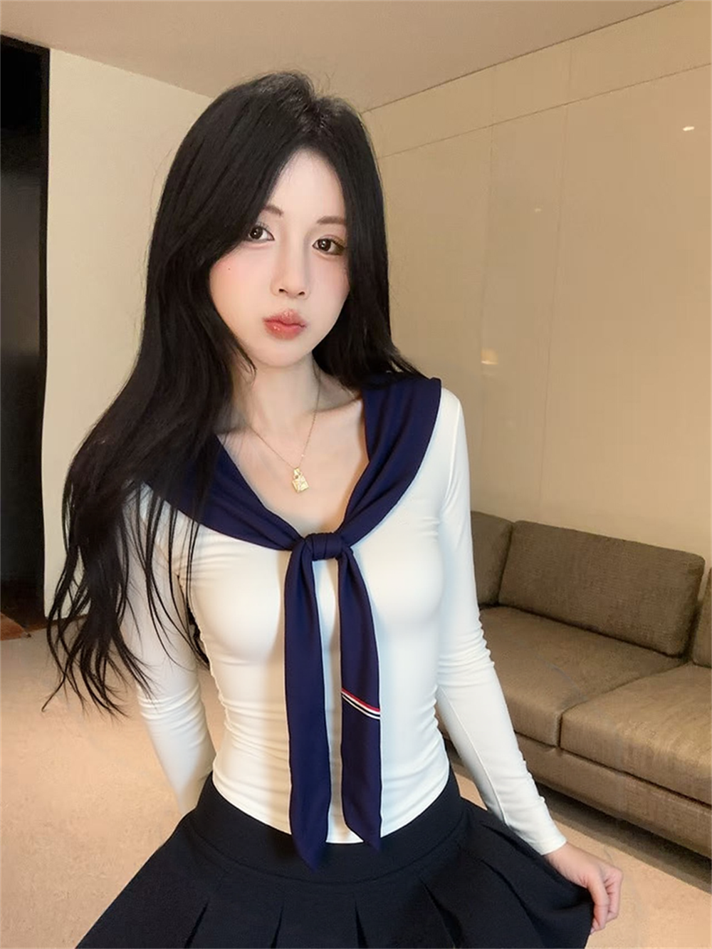 실사 봄 가을 베이비 칼라 경기 넥타이 품격 배색 몸매 가꾸기 티셔츠 하이웨이스트 미니 스커트 학원 스타일 핫걸 투피스 세트