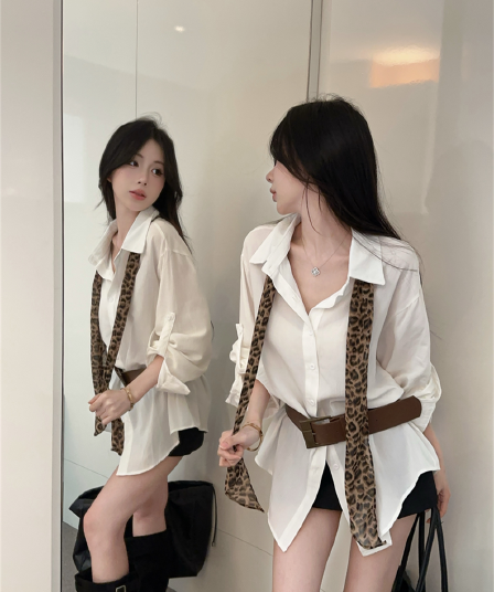 실사 프랑스식 순수한 욕망 바람 POLO 칼라 긴팔 미니 스커트 불규칙 루즈핏 슬림해 보이는 핫걸 품격 벨트 포함 셔츠