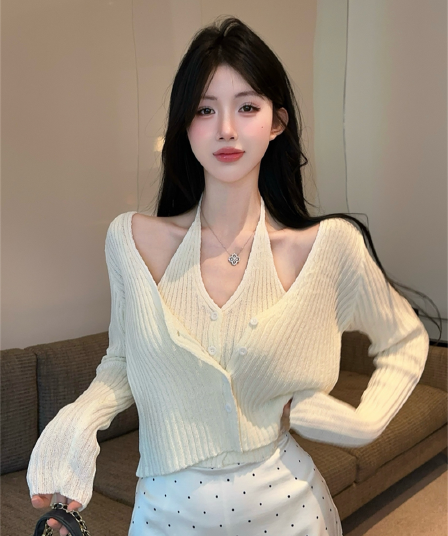 실사 봄 가을 V넥 패치워크 페이크 레이어드 오픈 가디건 루즈핏 핫걸 행침 목 스타일 쇼트 스타일 단추 리브 털 니트 스웨터