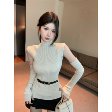 批发实拍秋款设计感高领无袖拼接修身显瘦毛衣辣妹可脱袖套头打底T恤