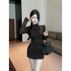 批发实拍春秋法式高领别致修身短裙性感包臀纯欲风豹纹打底褶皱<b class='q'>连衣裙</b>
