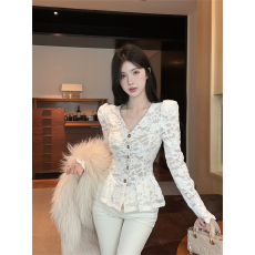 批发实拍春秋法式V领拼接荷叶边加绒加厚修身气质泡泡袖开衫排扣<b class='q'>衬衣</b>