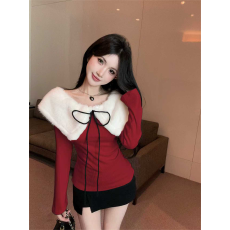 实拍春秋法式一字领拼接毛毛修身T恤甜美套头性感露肩撞色针织衫