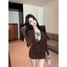 批发实拍春秋纯欲风荡领拼接雪纺印花假两件修身包臀性感褶皱<b class='q'>连衣裙</b>