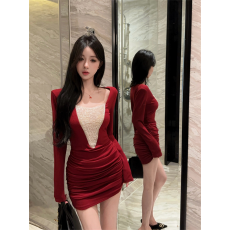 批发实拍<b class='q'>春秋</b>纯欲风AU领拼接钉珠晚礼服假两件包臀性感褶皱修身<b class='q'>连衣裙</b>