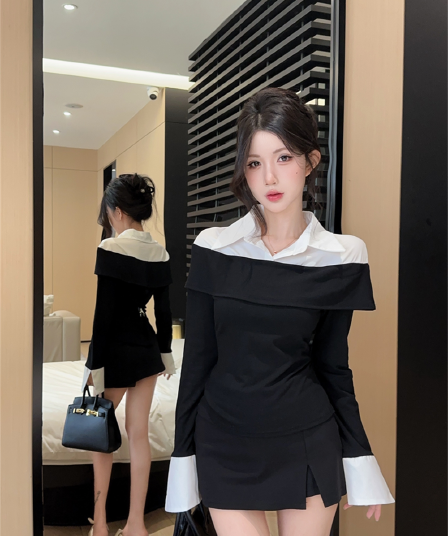 실사 봄 가을 한국 스타일 POLO 칼라 패치워크 프릴 몸매 가꾸기 가짜 2 피스 슈트 순수한 욕망 바람 배색 외국 가스 티셔츠 트렌디