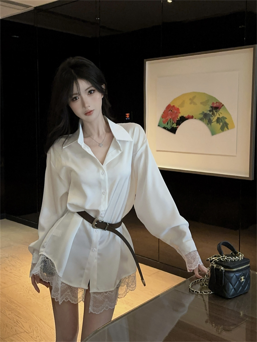 실사 프랑스식 POLO 칼라 패치워크 레이스 측면 길이 소매 미니 스커트 루즈핏 슬림해 보이는 핫걸 중간 길이 벨트 포함 셔츠