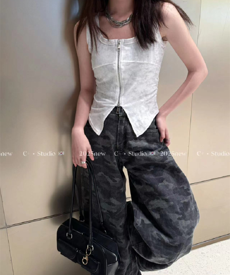실사 여름 미니멀리즘 광장 칼라 패치워크 카모플라주 지퍼 섹션 티셔츠 섹시함 쇼트 스타일 불규칙 민소매 조끼 슬립