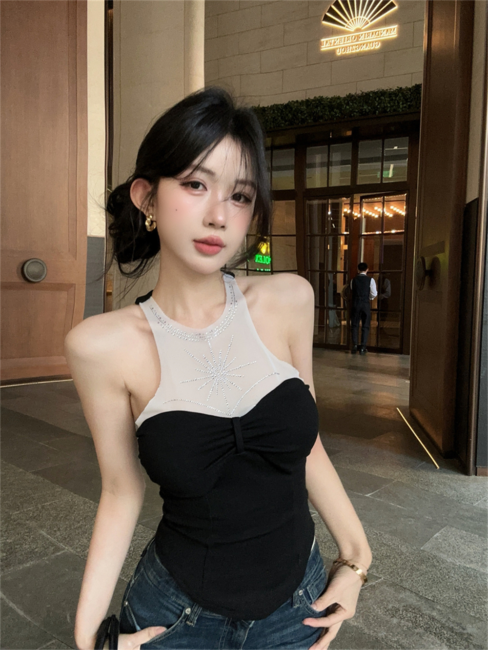 실사 여름 품격 라운드 넥 패치워크 인터넷 샤 포장 가슴 종류 다이아몬드 세팅 조끼 섹시함 핫걸 몸매 가꾸기 페이크 레이어드 티셔츠
