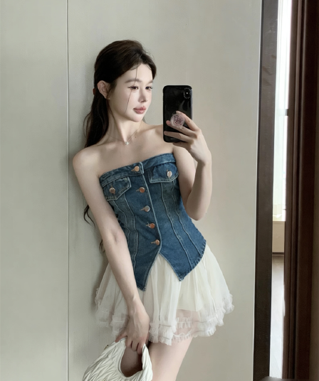 실사 여름 작은 보트넥 허리 수축 튜브탑 종류 몸매 가꾸기 불규칙 민소매 프릴 핫걸 데님 조끼