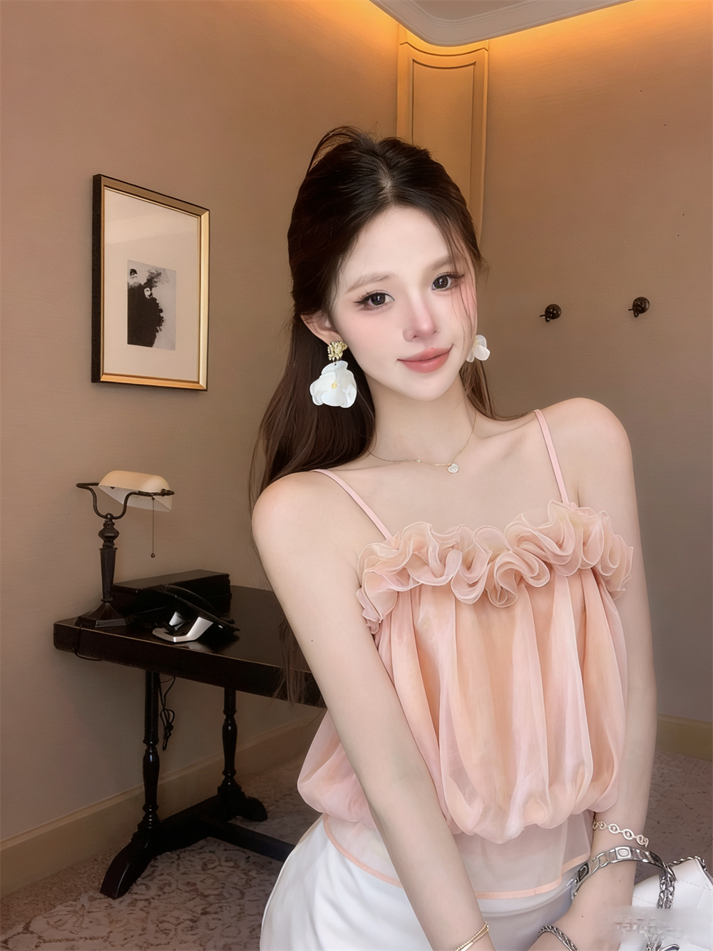 실사 여름 새로운 프랑스식 한 단어 레이스 칼라 패치워크 3d 꽃 슬립 몸매 가꾸기 허리 수축 달콤함 맨위
