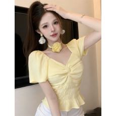 批发<b class='q'>实拍</b> 法式泡泡袖<b class='q'>衬衫</b>女夏季新款短款方领荷叶边修身上衣