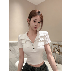 批发实拍夏季韩版POLO半开领拼接扣子<b class='q'>修身</b>短袖减龄套头辣妹休闲T恤