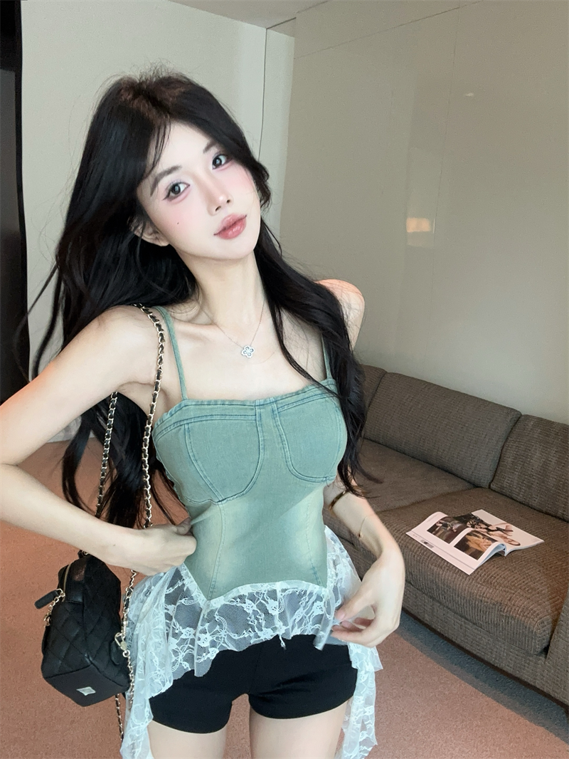 여름 보트넥 패치워크 레이스 불규칙 슬립 섹시함 허리 수축 순수한 욕망 바람 슈퍼 몸매 가꾸기 데님 조끼 슬립