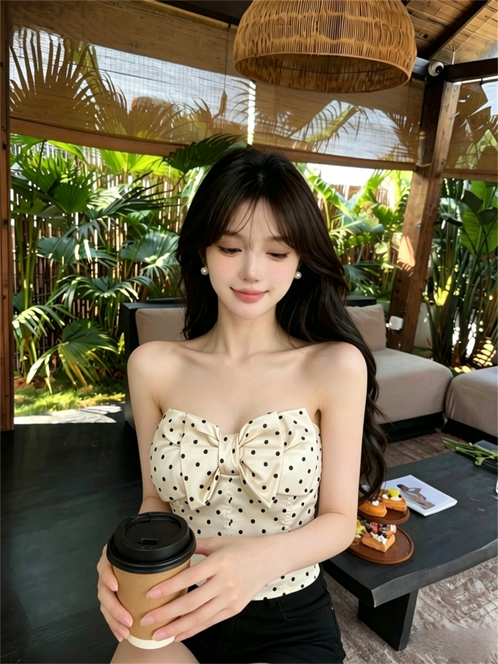 실사 여름 작은 키 보트넥 허리 수축 나비 매듭 튜브탑 종류 백리스 몸매 가꾸기 민소매 핫걸 도트 무늬 조끼