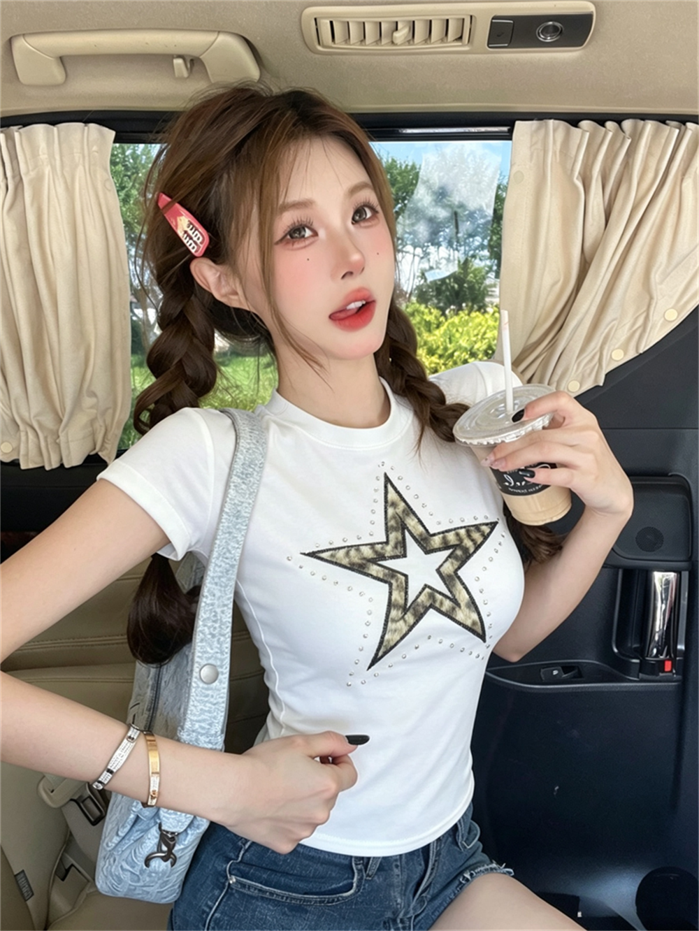 실사 여름 디자인 센스 라운드 넥 패치워크 오각형 별 프린트 몸매 가꾸기 반팔 맨위 핫걸 쇼트 스타일 품격 티셔츠