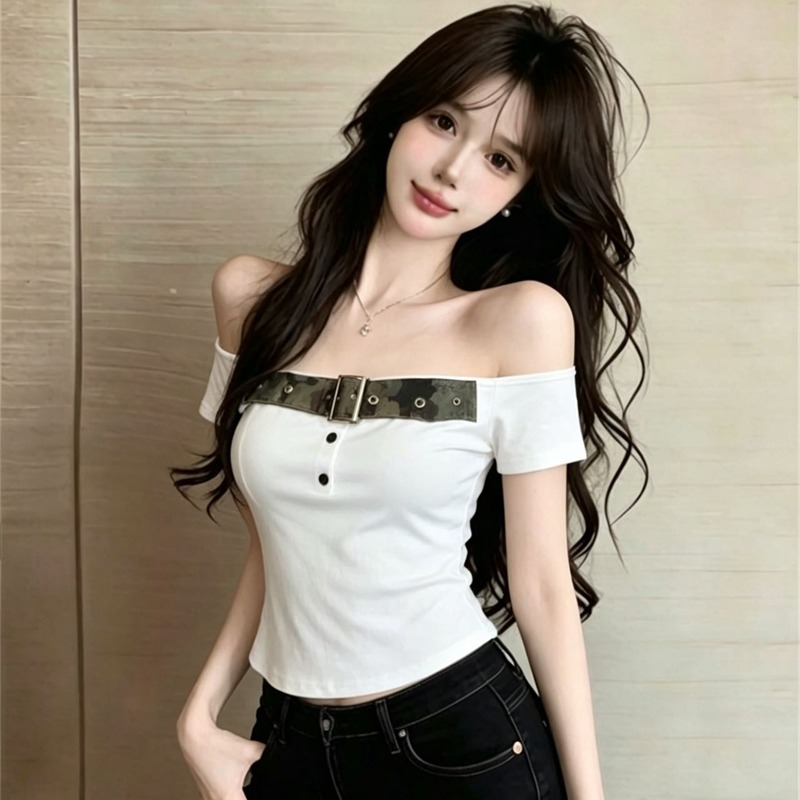 실사 순수한 욕망 핫걸 오프숄더 징 홀로우 아웃 반팔 티셔츠 여성 여름 새로운 몸매 가꾸기 슬림해 보이는 다용도 맨위