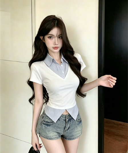 실사 여름 디자인 센스 POLO 칼라 패치워크 스트라이프 몸매 가꾸기 반팔 불규칙 맨위 핫걸 페이크 레이어드 티셔츠