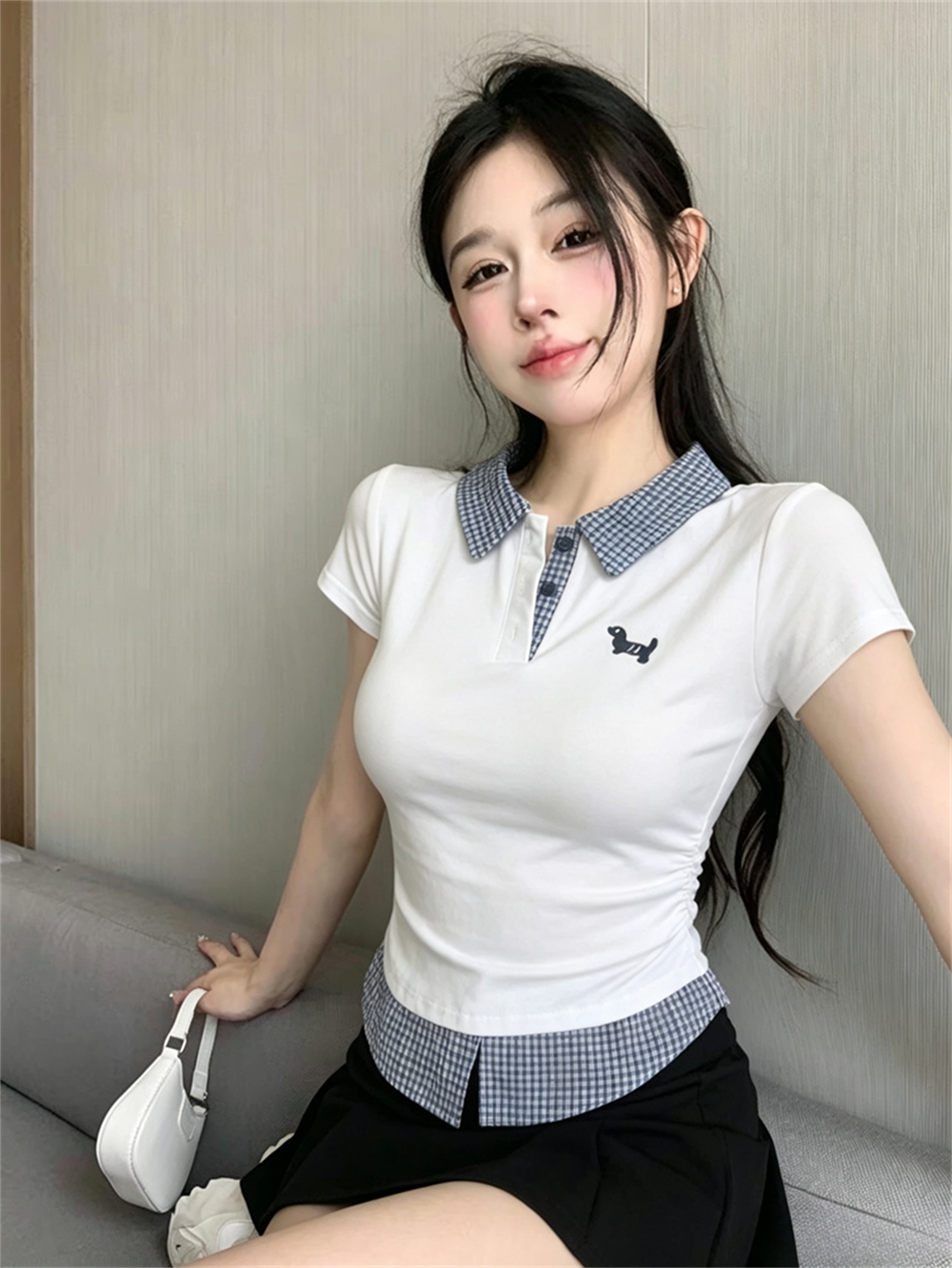 실사 여름 디자인 센스 POLO 칼라 패치워크 체크무늬 몸매 가꾸기 반팔 불규칙 맨위 핫걸 페이크 레이어드 티셔츠
