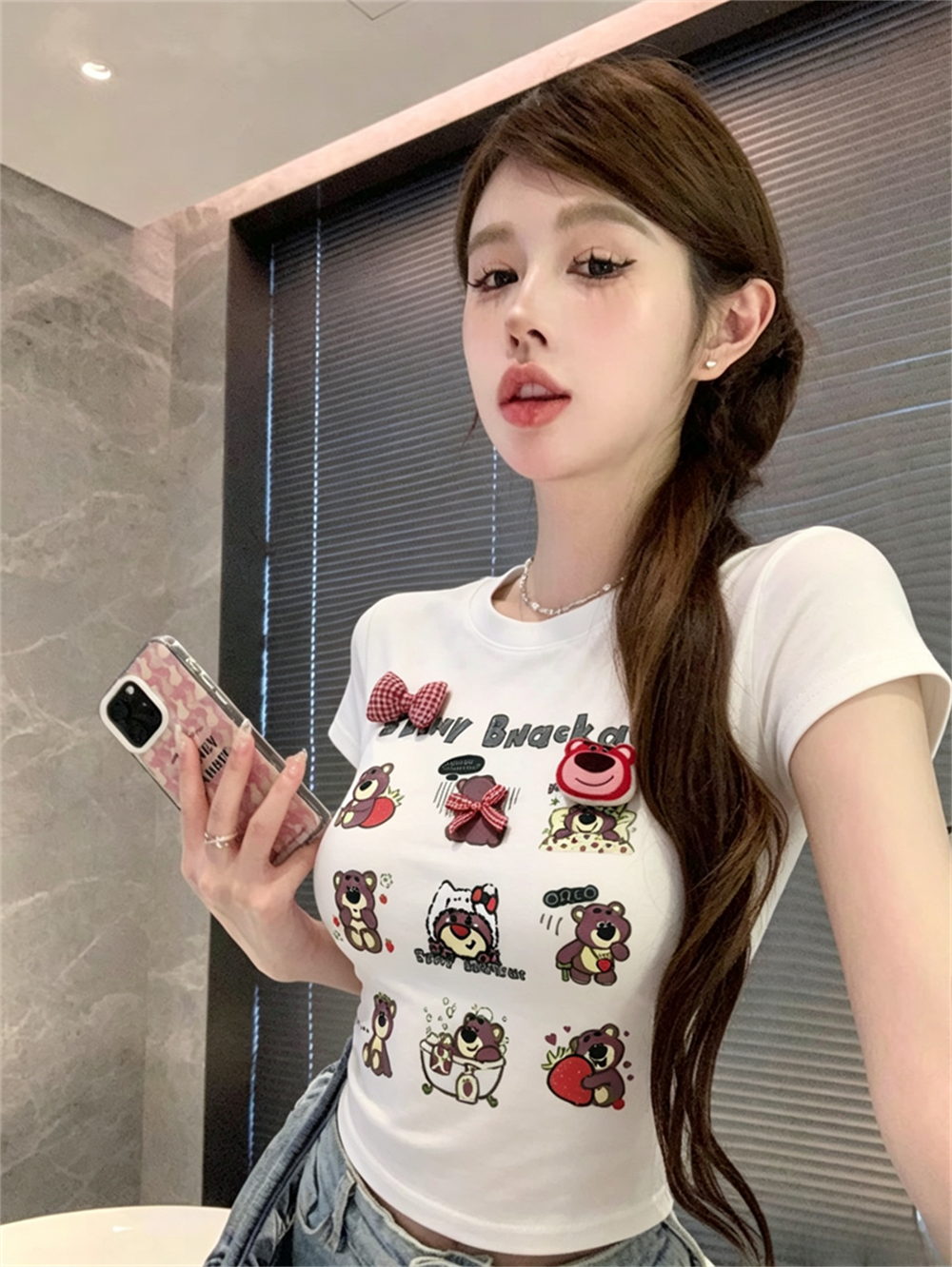 실사 여름 디자인 센스 라운드 넥 패치워크 나비 매듭 만화 몸매 가꾸기 반팔 맨위 핫걸 쇼트 스타일 프린트 티셔츠